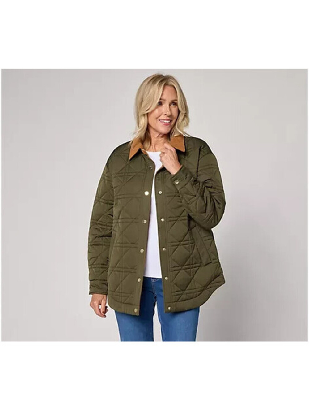Belle by Kim Gravel Corduroy Collar Snap Front Quilted Jacket Olive, Size Large